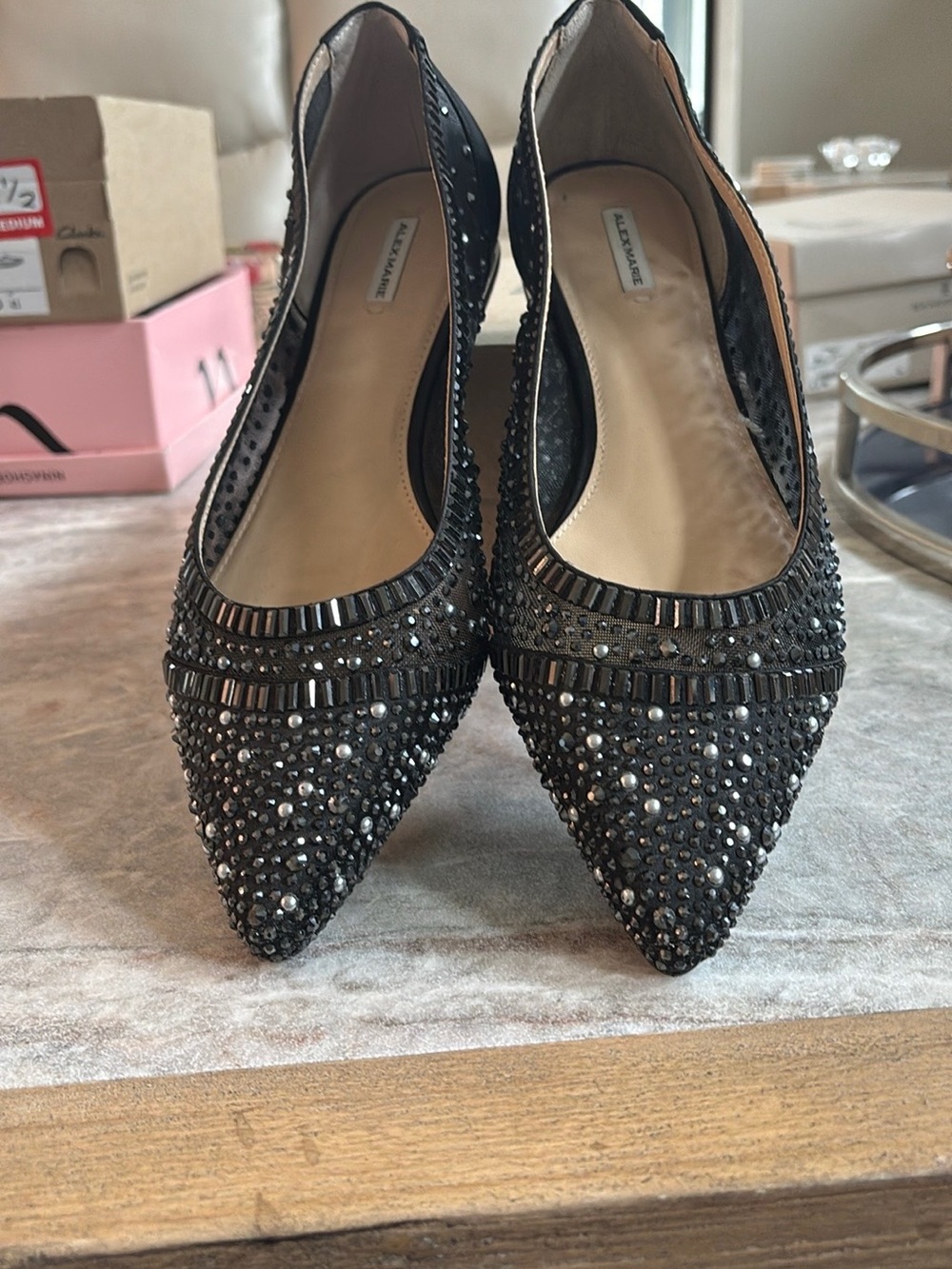 Alex Marie Black Pointed Crystal-Embellished Flats